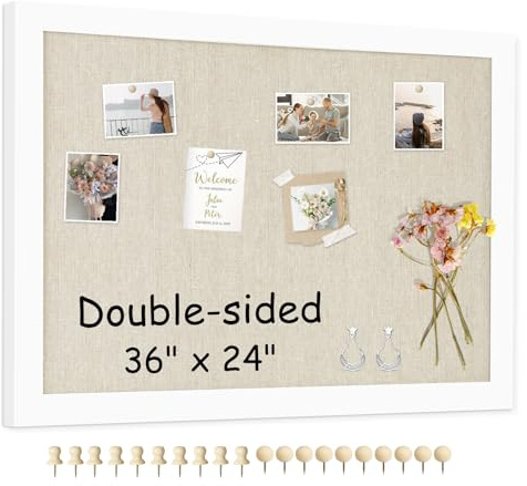 AMUSIGHT Doppelseitige, große Korktafel mit Leinen, 91,4 x 61 cm, zum Aufhängen, Holzrahmen, Pinnwand, Bildanzeige, Sichttafel, Korktafeln für Wand, Zimmer, Schule, Büro, Dekoration, 20 Reißzwecken, 1
