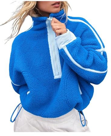 Kumufenc Women's Fleece Sweatshirts Half Zip Pullover Long Sleeve Oversized Workout Crop Sherpa Hoodie with Pocket(Blue,L)