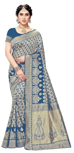 Yashika Elegante Sari Banarasi Kanjivaram de Seda para Mujer, Azul Marino, con Material de Blusa, turquesa, Talla única