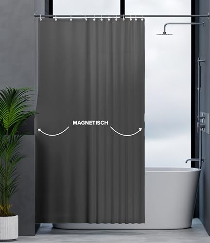ovimar Magnetischer Duschvorhang Elgafossen grau waschbar schnelltrocknend Anti Schimmel Duschvorhang 240 x 200 cm Vorhang Blickdicht für Badewanne oder Dusche