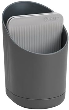 ReBorn Recycled Kitchen Cutlery Drainer Drying Rack Made in UK - Grey | Knife safety slot, tiers separate cutlery, integrated draining saucer, sinkside drying, made from 100% recycled plastic