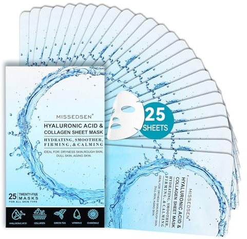 MISSEDSEN Collagen Face Mask with Hyaluronic Acid, Vitamin E Oil for Skin Care Hydrating, Moisturizing, Brightening & Anti Aging Face Masks Skincare for Oil, Dry, Acne, Sensitive All Skin Types 25PCS