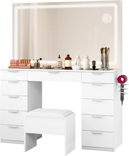 YITAHOME Dressing Table & Stool set,Vanity Table w/ 3-Color LED Lights Mirror,Lights Brightness Adjustable,Transparent Glass Top Makeup Table with 11 Drawers,Power Outlet,Whtie Makeup Desk for Bedroom