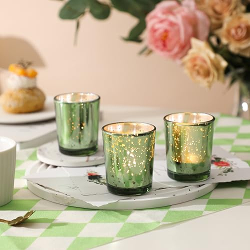 FUND AMLIGHT Grün Teelichtgläser 12er Set, Gefleckt Teelichthalter Glas, Tischdeko Votivkerzenhalter, Kerzengläser für Teelicht Deko, Tafelaufsätze für Hochzeit, Bankett, Geschäftsempfang, Zeremonie.