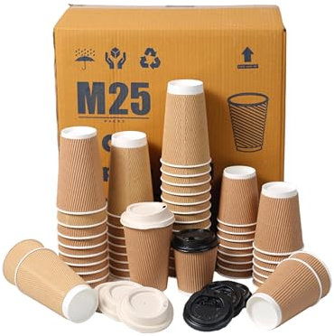 M25 Packs - 500 x Kraft 12oz Ripple Cups - 3 Ply Insulated Paper Cups - Disposable Paper Hot Coffee Tea Drinking Cups