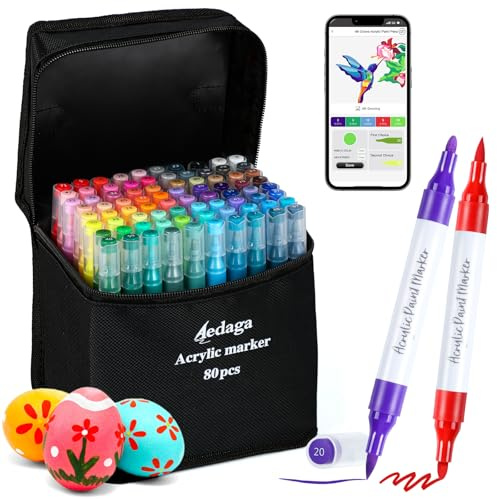 AEDAGA Rotuladores de pintura acrílica numerados de 80 colores con aplicación gratuita, marcadores de pintura acrílica de doble punta con punta de pincel y punta fina para adultos, huevos, madera