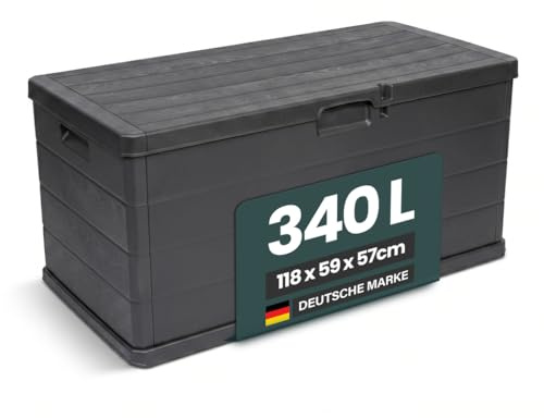 Kreher® XL Kissenbox/Gartenbox 170 Liter oder 340 Liter Nutzvolumen in moderner Holz Optik in Anthrazit! Robust, abwaschbar und einfach im Aufbau! (340 L)