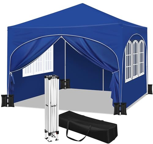 WOLTU Tente de Fête avec 4 Sacs de Sable,Tonnelle de Jardin avec 4 Parois Latérales,Pavillon Pop-Up avec Toit en Demi-Cercle,Tente Pliante pour Marché en Plein Air,Tente Pare-Soleil 3x3m Bleu