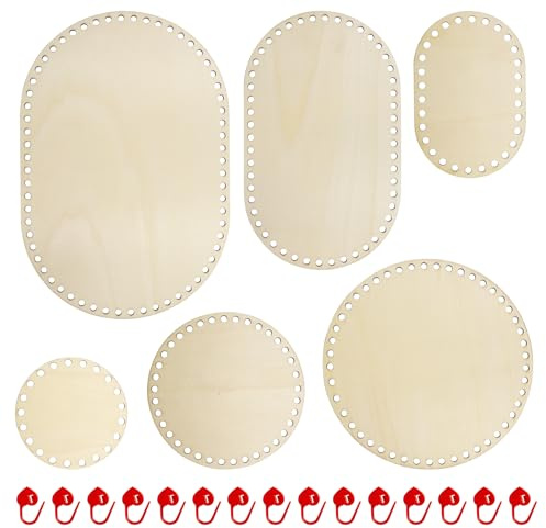 CONNECTION 6 Stück Korbboden Holzboden Peddigrohr Boden Taschenboden mit 20 Maschenmarkierer für Häkeln DIY Korbflechten Basteln Heimdekoration 30/25/20/15/10cm Ovaler Rund