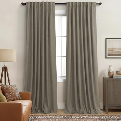 Floor to Ceiling Curtains, Thermal Insulated Drapes for Summer Heat Energy Efficient, Linen Blackout Window Curtain Panels for Patio Door Living Room, Wide 52 x 96 Inch Long, Taupe Light Brown