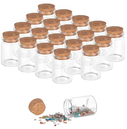 PH PandaHall 20 botellas de vidrio de 30 ml con tapones de corcho, pequeños frascos de vidrio, tarros de corcho, mini botellas de vidrio, botellas decorativas pequeñas, contenedor de almacenamiento