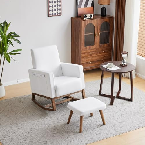 Billg Schaukelstuhl Schaukelsessel, Modern Schwingsessel mit Hocker und Seitentaschen, Holzkufen, Relaxsessel fürs Wohnzimmer, Schlafzimmer, Balkon, 84 x 65.5 x 92.5cm, Weiß
