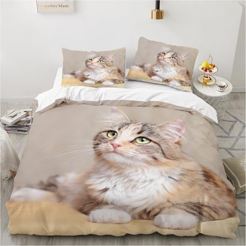 Gezu Katze Bettwäsche 135x200cm 3D Haustier Wendebettwäsche Beige 2 teilig Flauschige Weich Weiß Mikrofaser Bettwäsche Jugendliche Mädchen Jungen Einzelbett mit Reißverschluss und 1 Kissenbezug 80x80