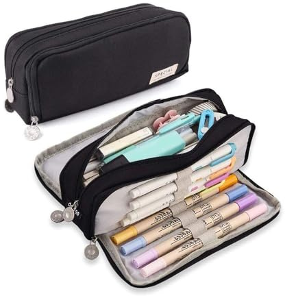 ESMENATZLS Federmäppchen mit großem Fassungsvermögen, 3 Fächer, multifunktional, für Mädchen, Jungen, Schule, Studenten, Büro, Schreibwaren-Organizer, Schwarz , Einheitsgröße