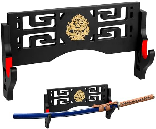 Alyoen Katana Halterung,Schwertständer, mit Samtpolsterhaken und Drachenmuster, Schwertständer Wandhalterung für Lichtschwert, Demon Slayer Katana und Samurai Schwert,1Layer
