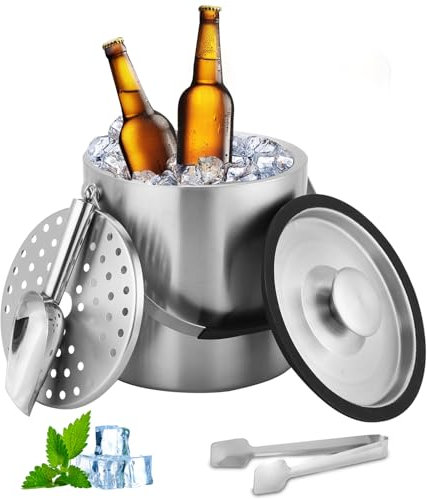 Goxiry Bac à glaçons avec couvercle 3,2 l - Seau à glace en acier inoxydable avec pelle, clips et passoire - Double paroi pour refroidir la bière, le champagne, le vin et les glaçons