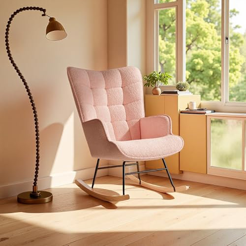 DAHUEN Schaukelstuhl, Stillstuhl, Sessel, Relaxsessel, Schaukelstuhl Wohnzimmer, Schaukelsessel mit Auflage und Kissen, Fernsehsessel bequem, Grau (Rosa (A))
