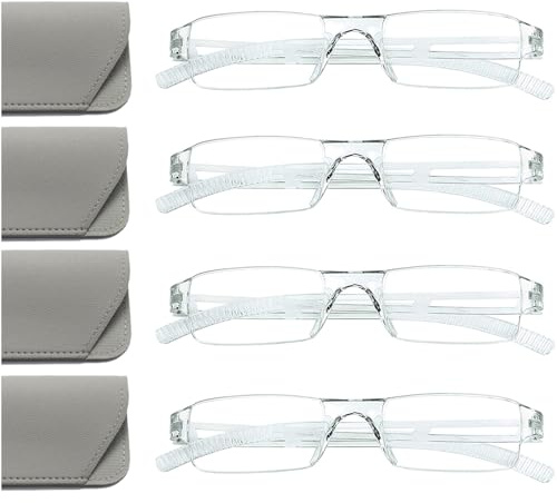 Hubeye 4 pares Gafas de Lectura Sin Montura Mujer Hombre Rectángulo Lector sin marco transparente anteojos anti luz azul con funda de cuero 1.50