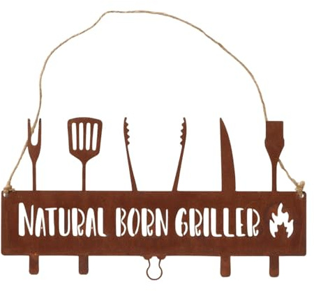 Boltze Home Deko Schild Rost mit Spruch Natural Born Griller 38 * 19,5 cm Deko für Terasse Garten Metallschild aus Edelrost mit Henkel zum Aufhängen Deko Geschenk für Wohnzimmer Sommergarten Grillen