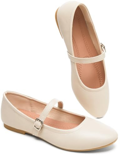 BABUDOG Womens Mary Janes Flats Shoes Ballet Flats Black Dress Shoes,Memory Foam Insole,Soft Synthetic Leather,with Strap(Apricot.US7)