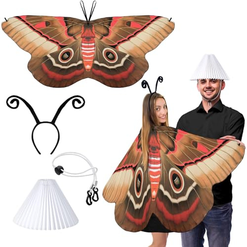 Cotwinter Halloween Moth and Lamp Couple Costume Adult Butterfly Wing Cape with Headband Lampshade for Couple Cosplay Party, Brown, Red, Moth cape: approx. 67 x 29 inches/ 170 x 73 cm