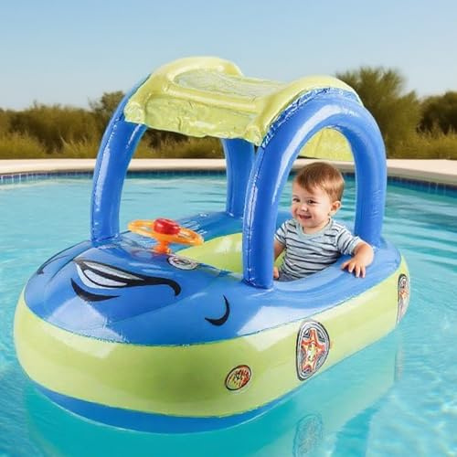 Flotador Coche, Flotadores para Bebés con Sombra y Volante, Barca Hinchable Infantil, Asiento de Coche Inflable, Voiture Juguetes de Piscina, Ayudas para Nadar para Niños