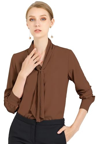 Allegra K Blusa elegante de manga larga plisada con cuello de lazo para mujer, café, M