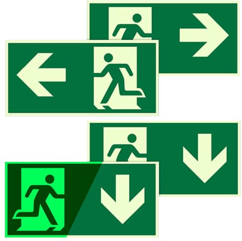 TTYSHIP® Señales de salida de emergencia (4 unidades, 300 x 150 mm, autoadhesivas, para hoteles, escuelas, edificios de oficinas (izquierda, derecha, abajo)