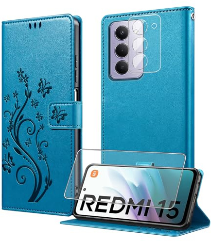 MQERYBV Funda para Xiaomi Redmi 15,Protector Pantalla y 1 Protector Lente Cámara,Carcasa Libro con Tapa Piel Cuero PU de Calidad Soporte Plegable Ranuras para Tarjetas Magnético Case - Azul