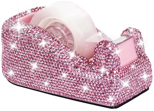 Multibey Bling Crystal Tape Dispenser, Sparkly Desktop Adhesive Tape Dispenser Cutter with Tape for Desk, Tape Holder Cutter Rhinestone for Women Office School Gift (Pink)