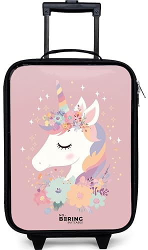 NoBoringSuitcases© Kinderkoffer Klein Reisekoffer Kleiner Kinder Koffer mit | 48x31x19 cm - LED Rollen Ultraleicht Mini Reise Trolleys Einhorn - Rosa - Blumen