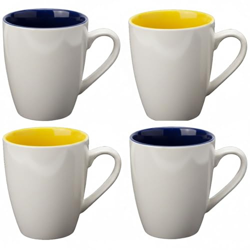 AiXception Geometric Line Relief Ceramic Mugs Set of 4, 320ml Stoneware Coffee Tea Cups, Yellow Red (Red)