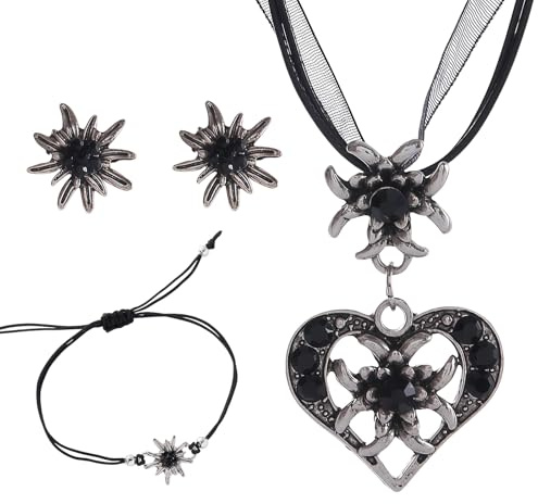 LUMOOM Trachtenschmuck Set Damen mit Edelweiß Halskette und Ohrstecker, Bayerische Trachtenkette ffür Damen Bierfest Trachten Dirndl Outfit (Schwarz)