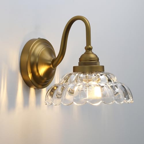 Phansthy Antique Brass Wall Sconce Hardwired, Gooseneck 1-Light Single Vanity Wall Light with Umbrella-Shaped Clear Glass Shade, Wall Lamp for Bedroom Bedside Kitchen Hallway (Antique Gold)