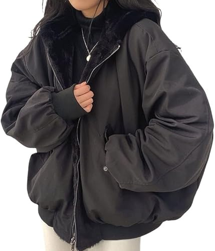 Generisk moderiktig och elegant vinterkappa, damvinterjacka, damvinterkappa på båda sidor, parkas med päls, huva, varm, fleece, fodrad, dubbelsidig vinterjacka med päls, En svart, L