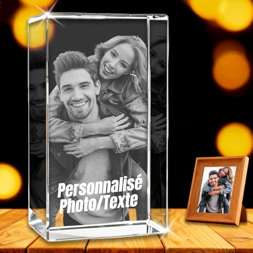 QSZ Photo en Cristal 3D Personnalisée | Personnalisée Gravé au Laser Cristal Image 3D Personnalisé en Verre Socle en Option Cadeaux pour Noël Anniversaires Fêtes