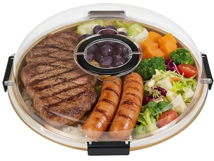 Plateau à charcuterie rond – Plateau de service à 5 compartiments avec couvercle | Design en bois acrylique | 34,3 x 34,3 x 7,4 cm – Plateau portable pour intérieur, extérieur, maison, restaurant