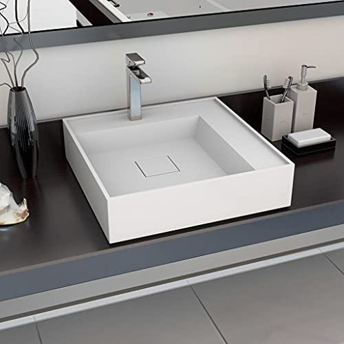 Lavabo moderne à poser, 50 x 50 x 12,3 cm, en fonte minérale/fonte de marbre, blanc, convient pour les toilettes d'invités et la petite salle de bain, facile d'entretien, facile à monter, design