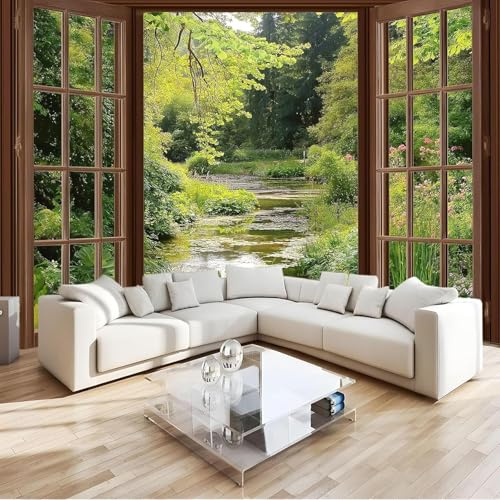 Fotomurales Decorativos Pared Vista de Ventana 3D Mural Autoadhesivo Pared Jardín de Primavera Papel Pintado Tela de Seda Papel Tapiz Panorámico 200x140 cm B-2320