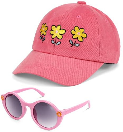 BTHRORO Girls Baseball Cap Sunglasses Set, Adjustable Kids Trucker Hat Cute Toddler Sun Cap Summer Outdoor Baseball Hat for Girls 2-6 Years