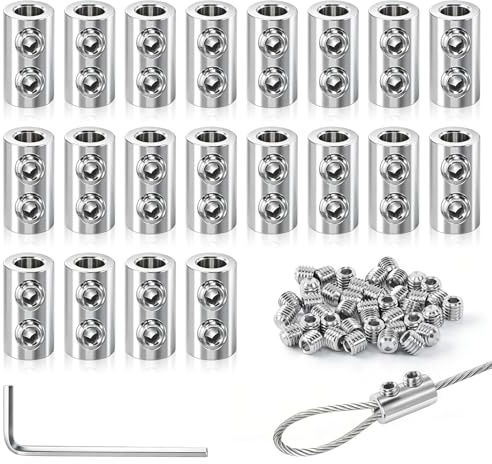 20 stycken vajerklämmor 1,5–2 mm metallvajerklämmor set, dubbla hål, duplexklämmor, repklämmor med nyckel, vajerklämmor för trädgård, balkong och utomhusbruk