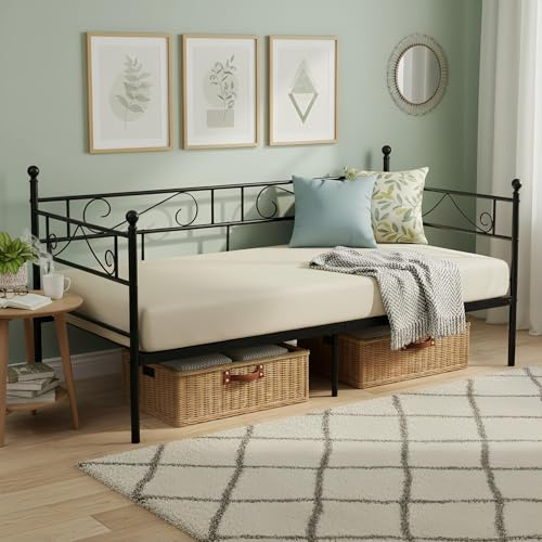 ZECIIYE Tagesbett Metallbett Bettgestell 90x190 cm,Einzelbetten,Daybed mit edlen Mustern,Bett mit Stauraum,Gästebett Jugendbett Bettsofa für Schlafzimmer Wohnzimmer passend,Schwarz