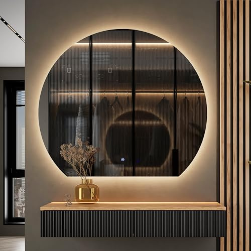 Planetmöbel Flur Garderobe Set Konsolentisch 100 cm, Spiegel | Beleuchtung halbrund Bogenspiegel, Wand-Konsole 100 x 16 x 35 cm (gold eiche / schwarz), Aube Wandspiegel 100 x 90 cm