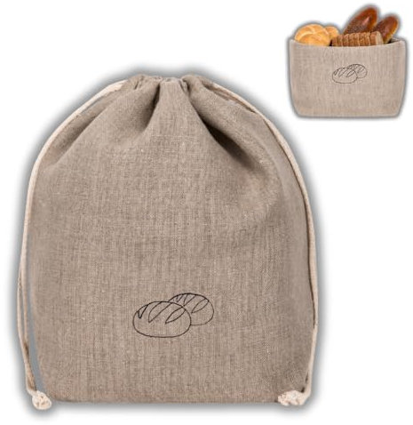 slowroom Sacco per Pane 30 x 34 cm e Cesto per Pane in Tessuto 2 in 1 - Doppia Fascia di Lino - Sacchetto per panini Traspirante e Decorativo - Facile da Mantenere