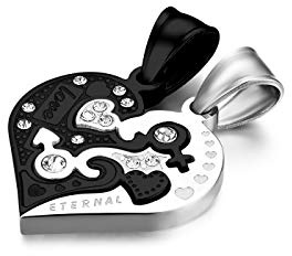 Flongo Partner Anhänger Halskette Partnerketten, 2 Stück Edelstahl Halskette Kette mit Eternal Love Gravur Herz Puzzler Anhänger Schwarz Silber Rose Gold Partnerschmuck Herren,Damen