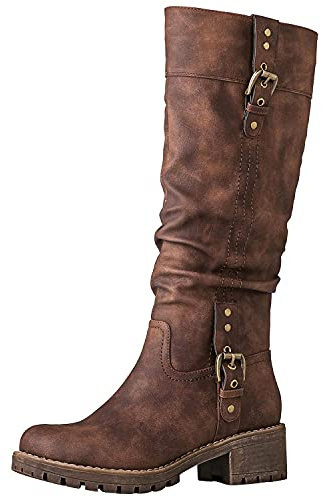 GLOBALWIN Women's Brown Knee High Riding Boots For Women Chunky Low Heel Size 8.5M