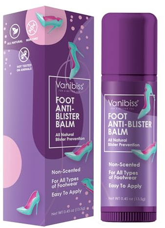 Vanibiss Foot Anti Blister Balm - Foot Blister Prevention - Anti Friction Balm Stick - Heel Blister Blocker - Prevent Shoe Strap Friction (0.45oz)