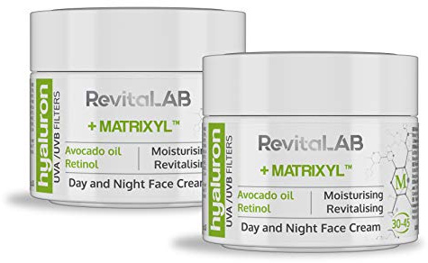 RevitaLAB Hyaluron Anti-Ageing dag- och nattkräm, berikad med avokadoolja, matrixyl, retinol och UV-filter, för ålder mellan 30 till 45 år, 50 ml (flerpack)