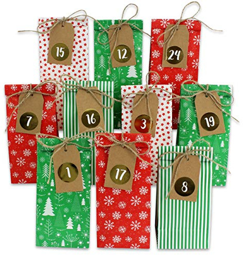 DIY Adventskalender att fylla - 24 tryckta presentpåsar och 24 nummerklistermärken och klämmor - motiv rött grönt - att pyssla med och ge bort - jul