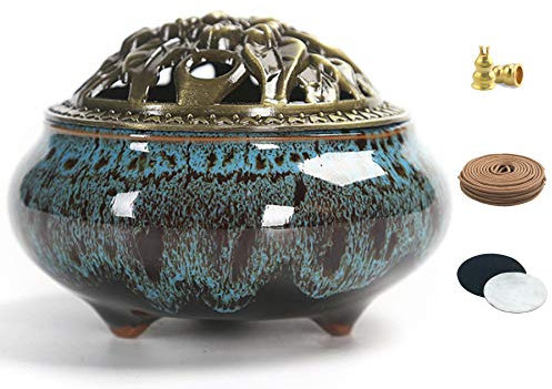 Räuchergefäß mit Kalebassen-Räucherstäbchenhalter - Porzellan Räucherschale Räuchergefäß, Räucherstäbchen für die Verwendung mit Harz-Granulat-Pulver-Kegel oder Spule Weihrauch